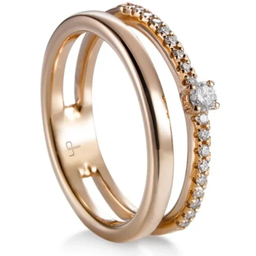 Media alianza doble de oro rosa con diamantes talla brillante y diamante central
