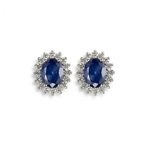 Pendientes de oro blanco con zafiro oval y orla de diamantes