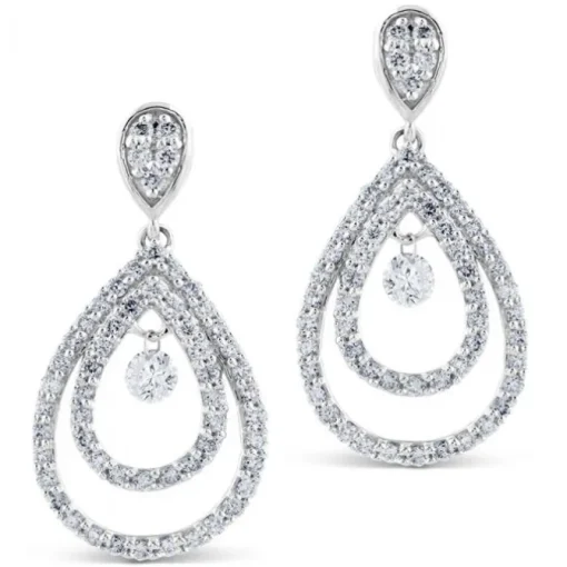 Pendientes largos de oro blanco con lagrimas de diamantes y diamante al aire
