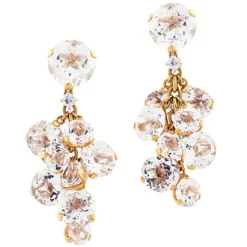 Pendientes largos de oro rosa con diamantes y cristal de roca