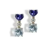 Pendientes largos de oro blanco con amatista, aguamarina y diamante