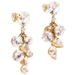 Pendientes largos de oro rosa con diamantes y cristal de roca
