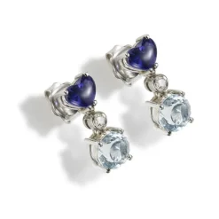 Pendientes largos de oro blanco con amatista, aguamarina y diamante