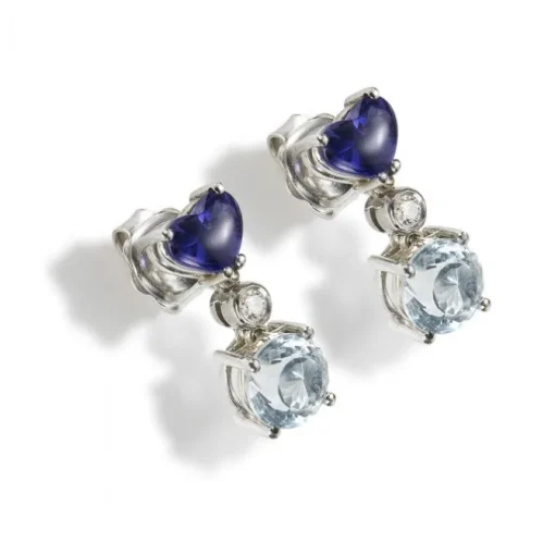 Pendientes largos de oro blanco con amatista, aguamarina y diamante