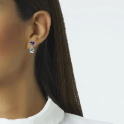 Pendientes largos de oro blanco con amatista, aguamarina y diamante