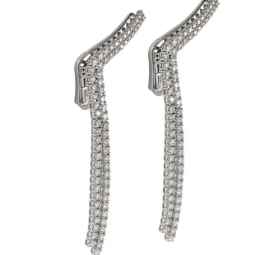 Pendientes trepadores de oro blanco con doble hilera de diamantes en riviere