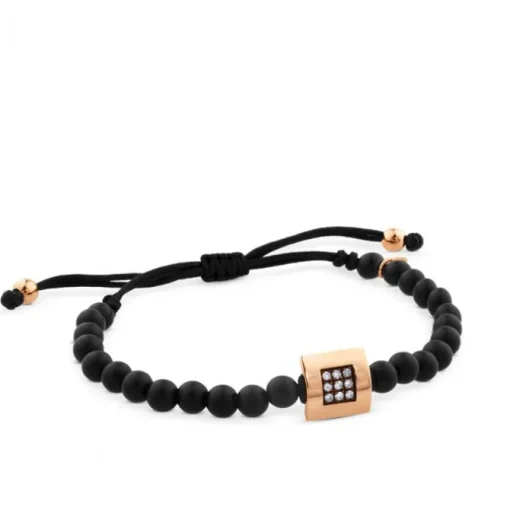 Pulsera de bolas de onix con cuadrado de oro rosa y diamantes brown
