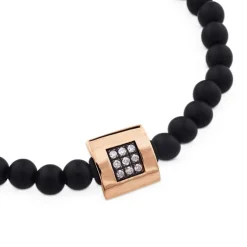 Pulsera de bolas de onix con cuadrado de oro rosa y diamantes brown