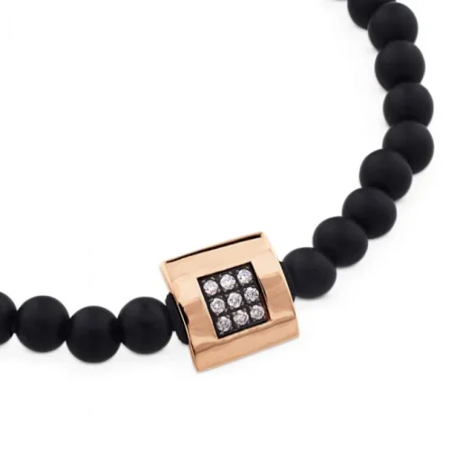 Pulsera de bolas de onix con cuadrado de oro rosa y diamantes brown