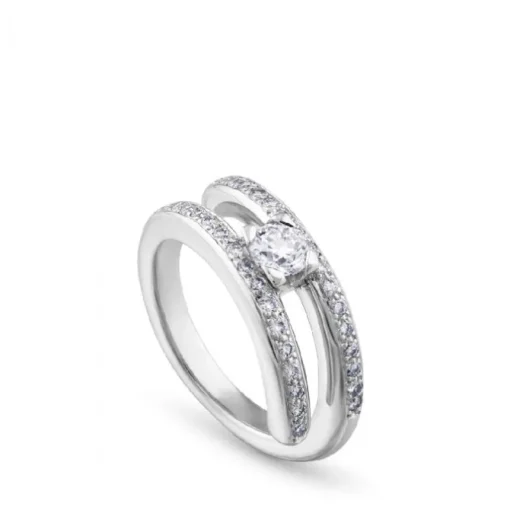 Solitario "Twins" de oro blanco con diamante central 0.27 quilates en garra y pavé en montura