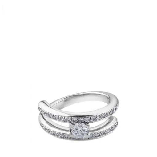 Solitario "Twins" de oro blanco con diamante central 0.27 quilates en garra y pavé en montura