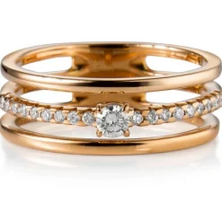 Sortija "Bubbles" de 3 hileras de oro amarillo con diamantes y diamante central