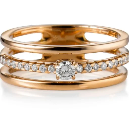 Sortija "Bubbles" de 3 hileras de oro amarillo con diamantes y diamante central