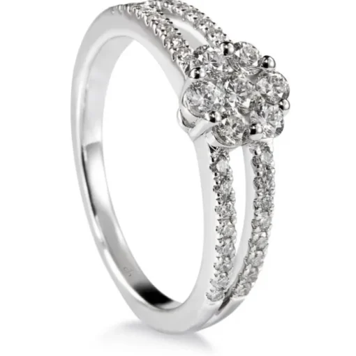 Sortija de oro blanco con roseta de diamantes en engaste invisible