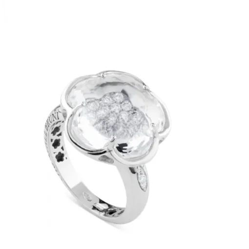 Sortija de oro blanco línea Bon Ton de Pasquale Bruni con cuarzo blanco y laterales con pavé de diamantes