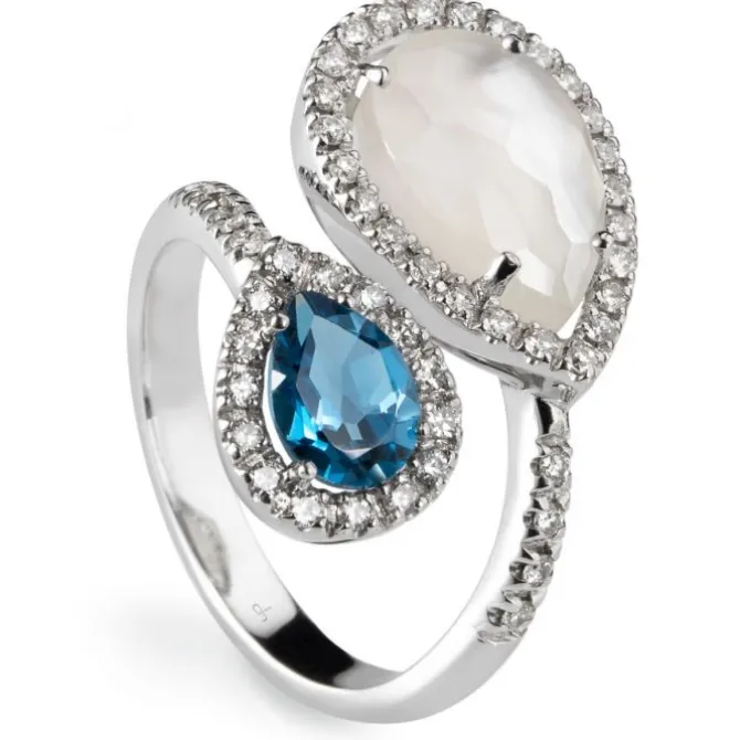 Sortija "tu y yo" de oro blanco con nácar, topacio azul y diamantes