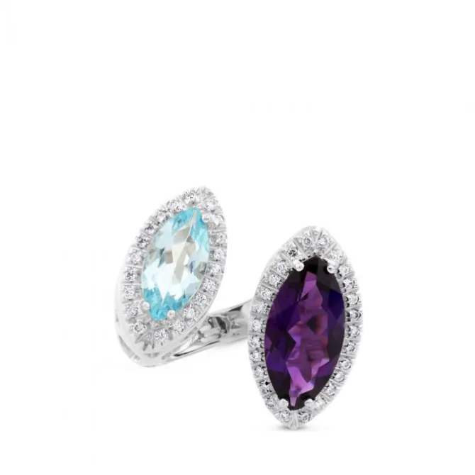 Sortija "tu y yo" de oro blanco con amatista y topacio azul en talla marquise y orla de diamantes