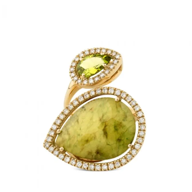 Sortija "tu y yo" de oro rosa con jade y peridoto en talla marquise y orla de diamantes